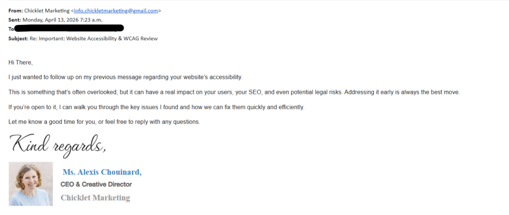 Screenshot of a fraudulent Gmail address impersonating Chicklet Marketing